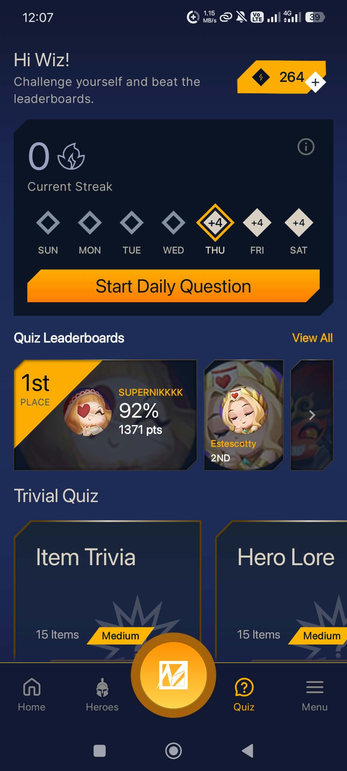 Daily quiz hub and streaks